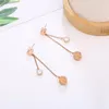 Boucles d'oreilles longues pour femmes et filles, pompon en Zircon, or Rose, titane, breloques en acier inoxydable, bijoux qui ne se décolorent pas, cadeau (KGE003)