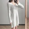 Casual Dresses Autumn Winter Woman Slim Warm Jacquard Knit Dress Twist Weaving Vintage Long Sleeve Matching Belt Base Sweater Mini