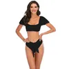 Women's Swimwear 2023 Summer Sexy Bikini Swimsuit Women Square Collar Short Sleeve High Waist Bandage Backless Beachwear Female Two Pieces S