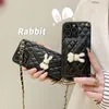 Metallic Chain Cell Phone Cases Luxury Rabbit Mobile Phone Shell Crossbody Wallet Twill Fashion PU Leather Iphone Cover for Apple 14 Pro plus 13 max 12 11 With Strap