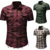 Camisas a cuadros para hombre, camisas ajustadas de manga corta con cuello vuelto y bolsillos, Camisa vaquera rasgada de verano en 3 colores de talla grande 277z2823