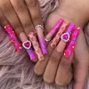 Uñas postizas 24 Uds usable falso largo Ballet rosa Flash completo diamante cubierta francesa acrílico juego de puntas de uñas prensa en Faux Ongles
