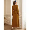 Ethnic Clothing Robe Femme Musulmane Turmeric V-Neck Diamond Long Dress Sleeve Middle East Dubai Abaya Turkey Muslim Fashion Belt