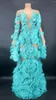 Desgaste de la etapa Vestido de flores 3D Pastel en capas Sexy Malla azul cielo Ver a través de Rave Traje de noche Espectáculo de baile Traje de celebración