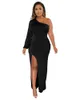 Robes Décontractées 2023 Designer De Luxe Jeune Sexy Club Solide Doux À Manches Longues Une Épaule Taille Haute Femmes Long Crayon Spit Dress