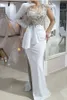 Luxury Beaded Long Straight Prom Dresses Sexy Illusion Side High Slit Ivory Satin Evening Gowns Floral Lace Applique Sheath Women Chic Special Occasion Dress