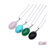 Pendant Necklaces Fashion Oval Stone Style Pink Green Black Crystal Stainless Steel Necklace For Women Jewelry Drop Delivery Pendants Dh6Gd