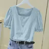 Kvinnors blusar Elegant Chic Woman Shirt Women's Korean Clothing Summer Puff Sleeve Square Neck Kort midja