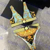 Złoty jacquard bikini vintage damskie stroje kąpielowe v szyja kostium kąpielowy High talia bikini