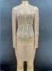 Stage Wear Women See Through Nude Mesh Silver Crystals Dress Nightclub Birthday Celebrate Transparent Long Sleeve Prom Sexy Costume