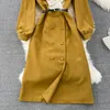 Vintage Casual Klänningar Vestidos De Mujer Elegant V-hals Kontrast Färg Patchwork Volanger Robe Femme Bälte Smal midja Dubbla Klänningar 2023