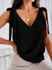 Kvinnors blusar 2023 Kvinnor Summer V-ringning Pullover Shirts Loungewear Solid ärmlös båge Lace-up Simple Chic Streetwear Drop