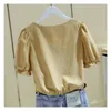 Kvinnors blusar Elegant Chic Woman Shirt Women's Korean Clothing Summer Puff Sleeve Square Neck Kort midja