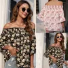 Women's T Shirts Women Summer Ruffled Half Sleeve Sexy Off The Shoulder Vintage Floral Print Button Down Flowy Chiffon Blouse Tops 101A