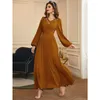 Ethnic Clothing Robe Femme Musulmane Turmeric V-Neck Diamond Long Dress Sleeve Middle East Dubai Abaya Turkey Muslim Fashion Belt