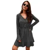 Casual Dresses NEDEINS 2023 Women Long Sleeve Mini Dress Spring Autumn Solid Color Ruffle Fashion Snug Woman