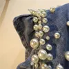 レディースベストヴィンテージブルービーズダイヤモンドデニムベスト女性チョッキジャケットフリルスプライシングジーンズ女性人形襟
