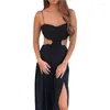 Robes décontractées Summer Party Club Froncé Split Long Vestidos Dames Solide Évider Taille Haute Spaghetti Strap Bandage Dos Ouvert Robe Femmes