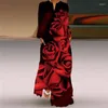 Casual jurken vrouwen bloemenprint vintage losse maxi jurk zakken v nek lange mouw een lijn elegant strandfeestje