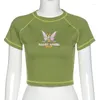 T-shirts pour femmes Sweet Cute Angel Graphic Crop Tops Femmes 2023 Summer Green Two Styles Sleeve Color Hit Stitching Slim Midriff T-shirts