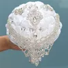 New white wedding bride holding flowers artificial bouquet ribbon rhinestone pearl bouquet decoration bride groom dance