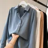 Kvinnors blusar 4xl plus size Women's Chic Elegant Chiffon Shirt Top Spring Autumn Long Sleeve Blue Lady Casual Solid Color Basic