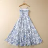 Summer Blue and White Porcelain Print Dress Hand Made Spaghetti Strap Square Neck Floral Long Casual Dresses S3M020302