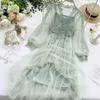 Casual Dresses Sweet Women Pink Lace Mesh V-neck Elegant Puff Sleeves Party Dress Sexy Slim Solid Color A-line Midi