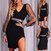 Vestidos casuales Vestido con lazo para mujer Moda para mujer Lentejuelas sólidas Manga larga Hasta la rodilla Pequeño negro Maxi