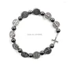 Strand St Benedict Chapelet Braclets Perles en alliage plat Bracelets élastiques en hématite ronde