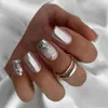 False unhas 24pcs Pressione DIY destacável no brilho francês Long Square Silver