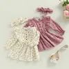 Robes de fille Toddler Baby Flower Print Dress Avec Bow Bandeau À Manches Longues Col Ras Du Cou Bouton Agrémenté A-Line Outfit