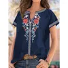 Chemisiers pour femmes Col en V Manches courtes T-shirts d'été Style ethnique Tops Floral Casual 5XL Blouse Femmes Vintage Lâche Mode Vêtements Blusas