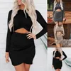 Casual jurken dames mode solide kleur lange mouw holle out vouwen bodycon mini herfst vrouwelijke sexy feestjurk vestidos mujer