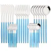 Set di posate 30 pezzi Set di stoviglie in argento blu Posate in acciaio inossidabile Coltelli Cucchiaio da caffè Forchette Stoviglie da tavola Cucina occidentale