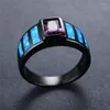 Anéis de casamento elegante feminino anel opala de fogo azul 14kt ouro preto para mulheres prometem engajamento da praça roxa