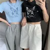 女性用Tシャツ夏の純粋な色ホルタークロップトップカジュアルセクシーな蝶刺繍ショートスリムシャツ