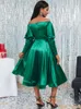 Robes décontractées Femmes Off Épaule Skate Robe Sparkly Vert À Manches Longues V Cou Satin Flowy Prom Party Noël Danse Porter Robes Mujer