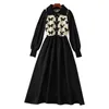 2023 printemps noir contraste couleur Floral lambrissé robe tricotée à manches longues revers cou boutons Midi robes décontractées M3M03B690