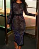 Casual Kleider Abend Mesh Sexy Oansatz Party Pailletten Kleid Frauen Elegante Streifen Langarm Mode