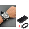 Нарученные часы роскошные мужские часы черные крутые панк -стиль Quartz Кварц большой циферблат