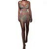 Scen Wear Rhinstone Bodychain Födelsedag Rave Festival Outfit Burning Man Mini Se Showgirl genom Short Prom Party Dress Women Evening