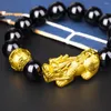 Braccialetto di perline di ossidiana nera in stile cinese Bracciale 3D Gold Wealth Pixiu Feng Shui per uomo e donna