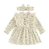 Robes de fille Toddler Baby Flower Print Dress Avec Bow Bandeau À Manches Longues Col Ras Du Cou Bouton Agrémenté A-Line Outfit