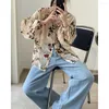 Women's Blouses 2023 Spring And Summer Korean Version Of Retro Velvet Printed Shirt Loose Casual Vertical Micro Transparent Top Women