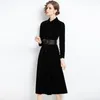 Sukienki swobodne aksamitne długie rękawowe ubiór midi biuro dama jednoablezowana czarna dla kobiet vestidos casamamento convidada elegante