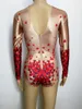 Stage Wear Nightclub Female Pole Dancing Costumes Leading Dancer DJ Sexig Performance Red Printing Leotard Jumpsuit