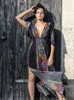 Robes Décontractées Noir Indie Folk Turquie Caftan Robe De Plage Sexy V-Dos Plongeant Cou Demi Manches Côté Split Plus La Taille Femmes Robe D'étéCasua