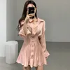 Casual Dresses Women's Sexy Short Silk Shirt Dress Glossy Bandage Sundress Long Sleeve Single Breasted Folds Slim Waist