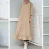 Ethnic Clothing 2023 Muslim Abayat Dress Solid Round Neck Button Placket Abaya Femme Pocket Long Sleeve Ruffle Hem Islamic Skirt